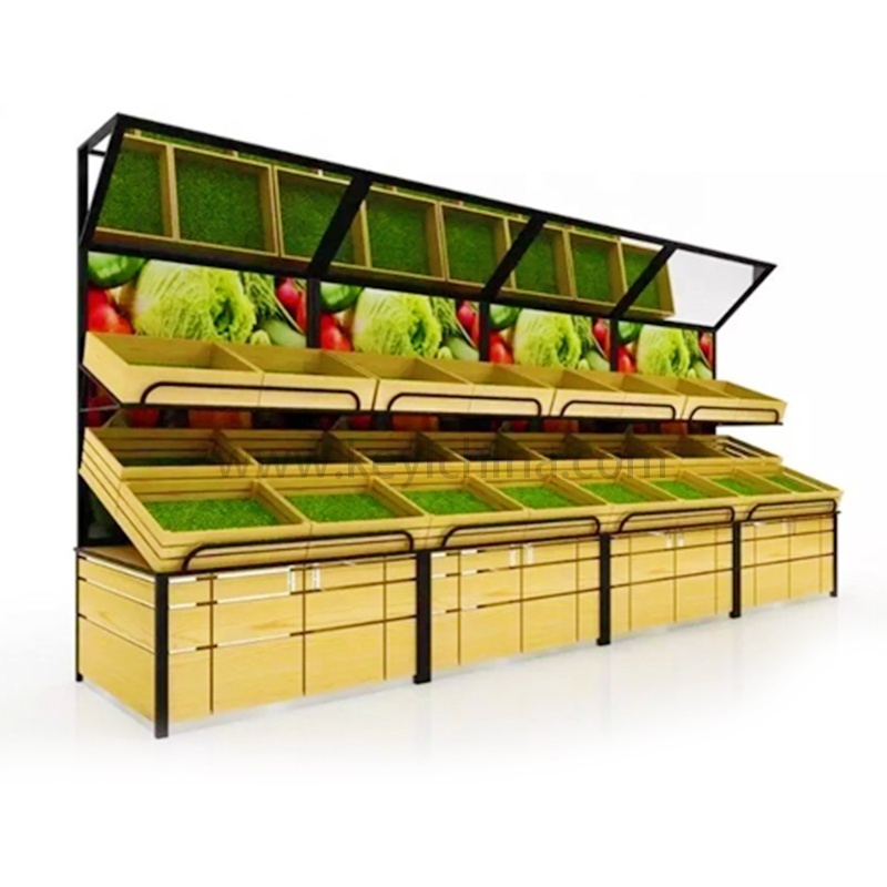 Super market Vegetable Stand With Mirror Wood Fruit Shelf Display Rack For Supermarket