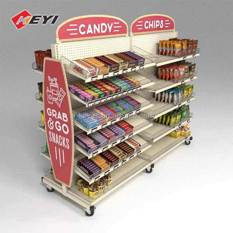 Custom Super Market Shelves Mobile Gondola Supermarket Equipment Rack Snack Chocolate Candy Display Shelf Customized Heavy Duty