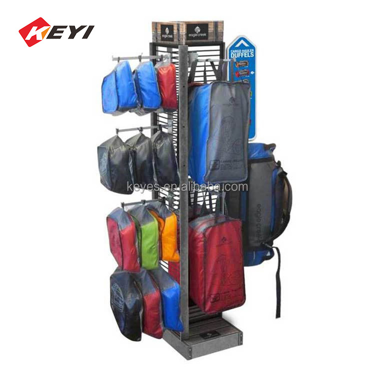 Customized Supermarket handbag Display Rack 3-Tier Metal Wire Knapsack Shelf  Bag Display Stand With Hooks