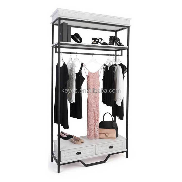 Customized Modern Fashion Clothing Store Furniture Metal Wooden Display Stand Retail Clothing Display Rack With Drawer Cabinet