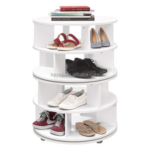 Modern Boutique Floor 4 Tier Spinning Shoes Rack Storage Organizer White Wood Stackable Revolving Shoe Rack