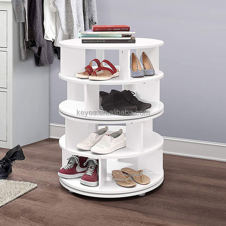 Modern Boutique Floor 4 Tier Spinning Shoes Rack Storage Organizer White Wood Stackable Revolving Shoe Rack