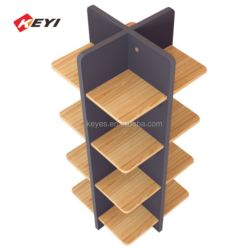 Supermarket Retail Store Floor Tower Display Rack  5-tiers Square / Round Wooden Display Stand