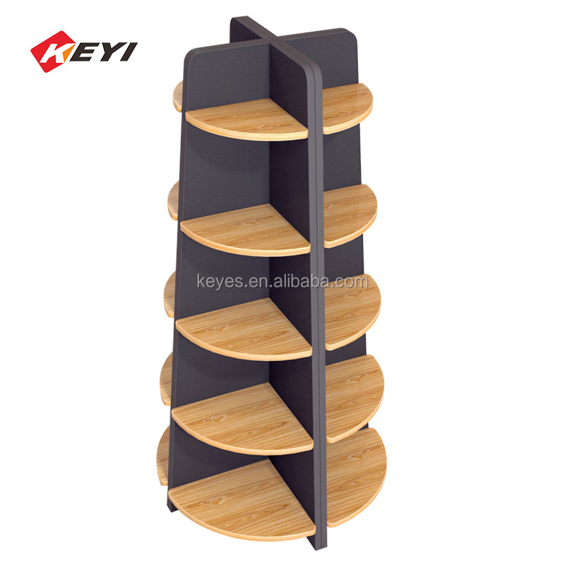 Supermarket Retail Store Floor Tower Display Rack  5-tiers Square / Round Wooden Display Stand