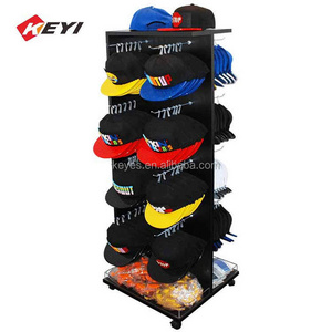 Custom Floor Standing Wooden Hook Hat Rack Merchandiser 2 Sided Baseball Metal Cap Display Rack