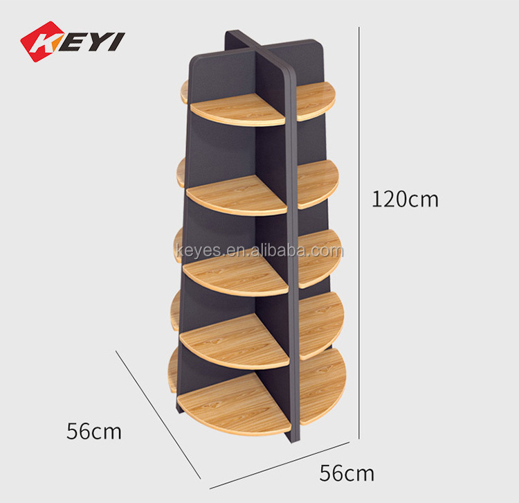 Supermarket Retail Store Floor Tower Display Rack  5-tiers Square / Round Wooden Display Stand