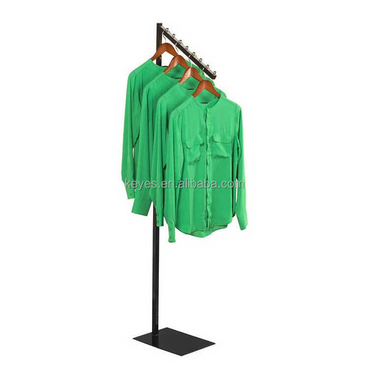 Customized Clothing Shop Height Adjustable Floor Stand Black Metal Clothing Display Rack