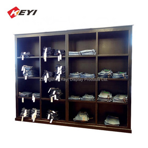 Customized Against Wall Clothing Retail Display Cabinet Store Layout Design Vintage Jeans Shelf Jeans Wood Display Rack