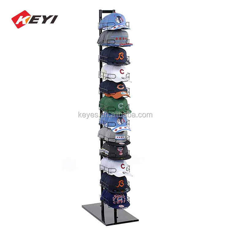 Custom Floor Standing Wooden Hook Hat Rack Merchandiser 2 Sided Baseball Metal Cap Display Rack