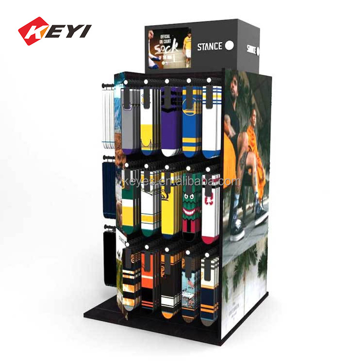 Customized Point Of Sale Retail Store Shelf Furniture Wood Product Promotion Display Rack Hanging Socks Display Stands With Hook