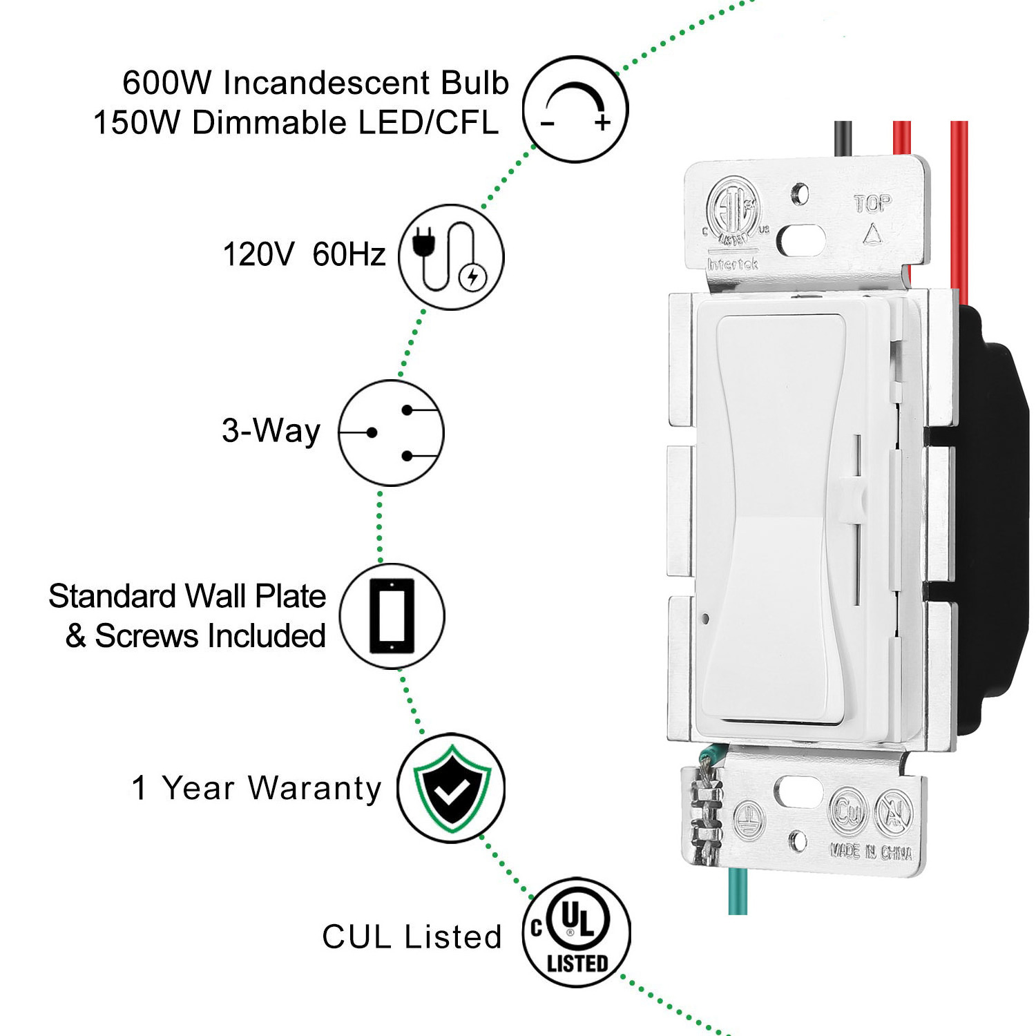 150W In Wall Triac 3 Way Led Driver Switch 125V Dimmer Switch For Led Lights