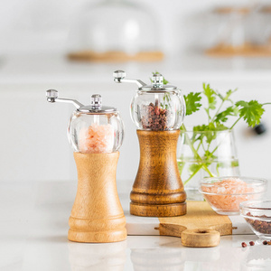 Hand Shake Spice Grinder Wood Salt and Pepper Mill Adjustable Acrylic Salt and Pepper Grinder with Wood Bottom