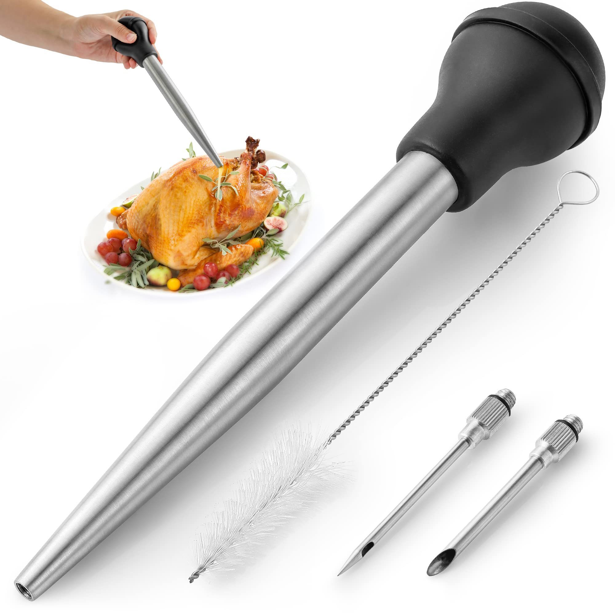 Hot Sale Bbq Tool Meat Injector Set Stainless Steel Turkey Baster Syringe with 2 Detachable Needles Cleaning Brush