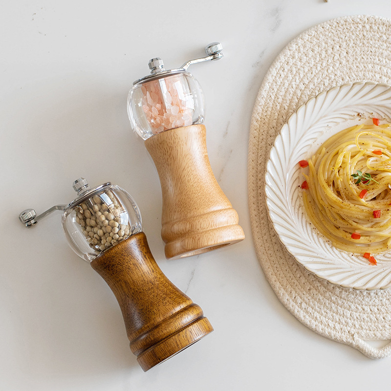 Hand Shake Spice Grinder Wood Salt and Pepper Mill Adjustable Acrylic Salt and Pepper Grinder with Wood Bottom