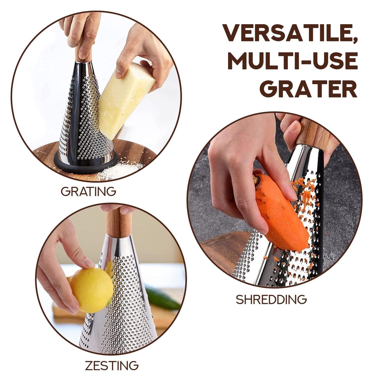 3 In 1 Vegetable Shredder Cutter Kitchen Rotary Grater Stainless Steel Cheese Grater Zester with Wooden Handle