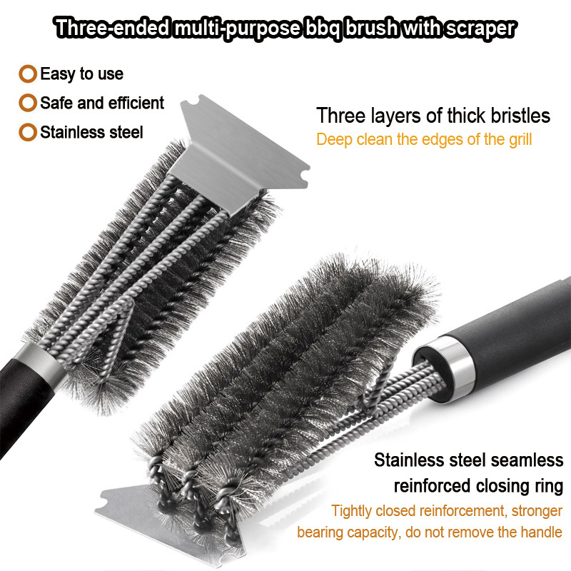 2023 Bristle BBQ Grill Brush Barbecue Accessories Stainless Steel Grill Cleaning Brush and Scraper for Outdoor