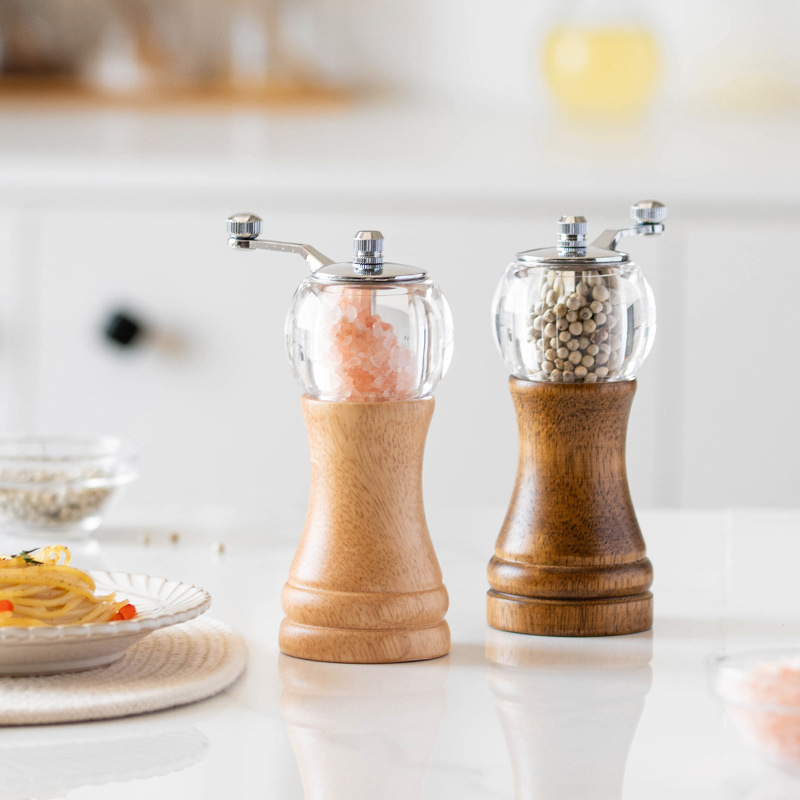 Hand Shake Spice Grinder Wood Salt and Pepper Mill Adjustable Acrylic Salt and Pepper Grinder with Wood Bottom