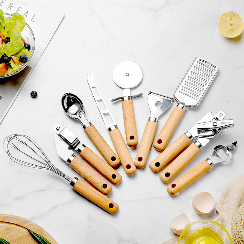 Wholesale kitchen gadgets stainless steel egg beater whisk pizza cutter slicer garlic crusher cheese grater