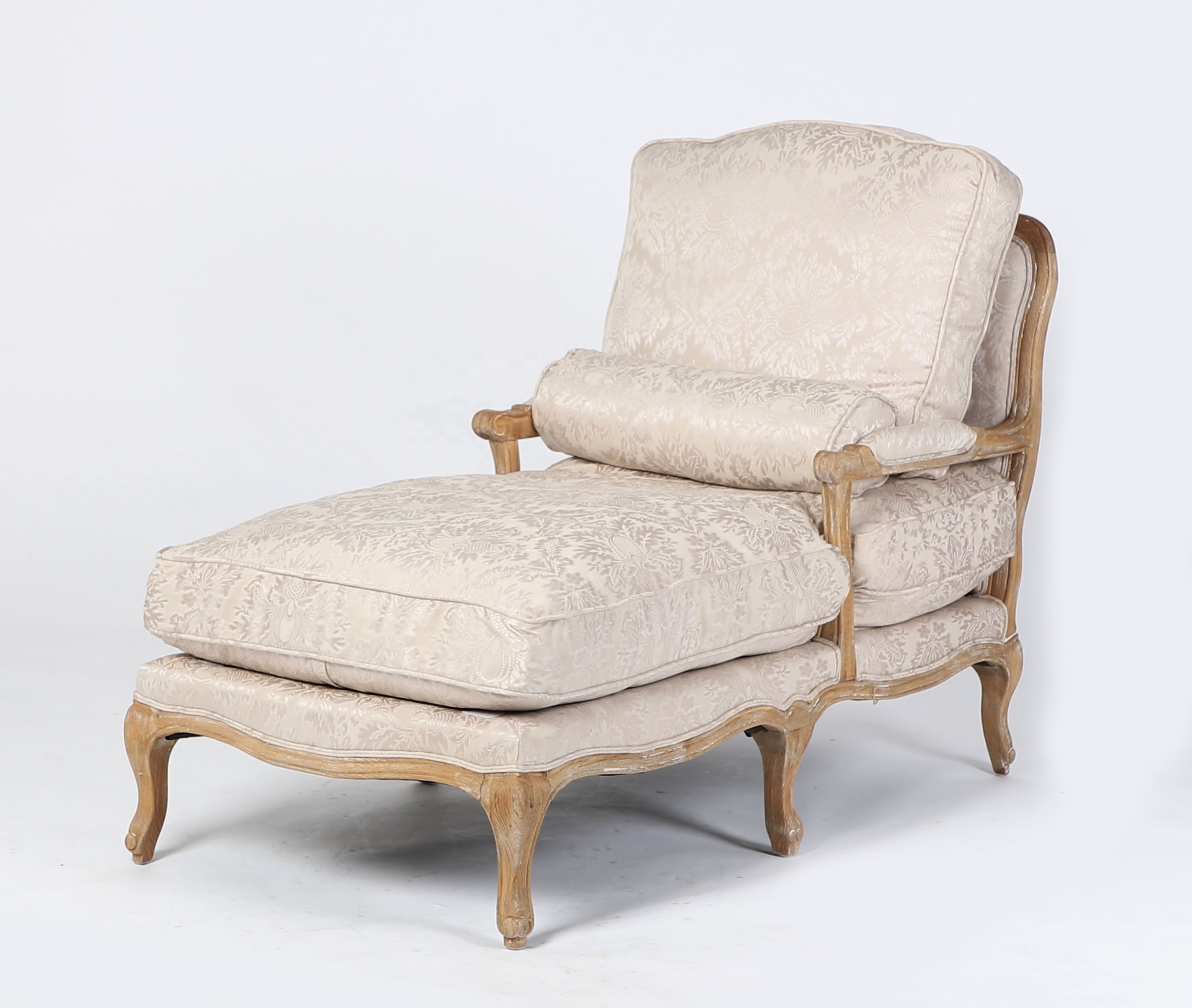 Antique style hand Carved fabric Chaise lounge wood frames oak wood unfinished corner sofa CH-865-OAK