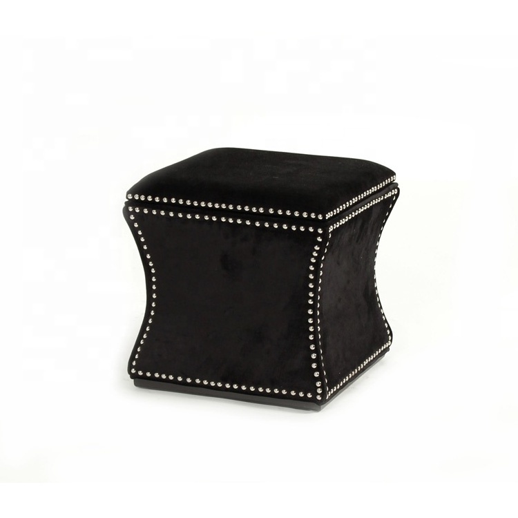 Modern style nailhead small wood folding stool fabric storage ottoman shoe changing bench (KY-3419)