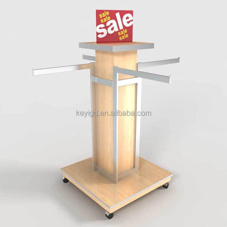 Adjustable Stainless Steel Frame And Wood Slatwall Shelf Floor Standing Clothing Display Rack With Wheel