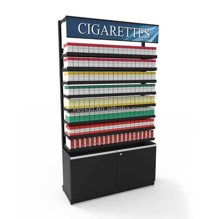 Hot Products Smoke Shop Metal Tobacco Shelves Floor Standing Cigarette Packs Display Rack With Lockable Storage Cabinet