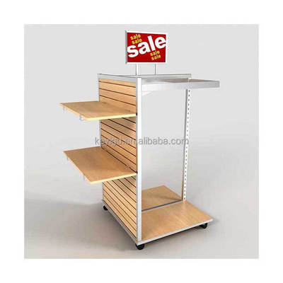 Adjustable Stainless Steel Frame And Wood Slatwall Shelf Floor Standing Clothing Display Rack With Wheel