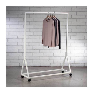 Clothing Store Mobile White Metal Display Shelves Retail Garments Rack Floor Clothes Stand With Wheel