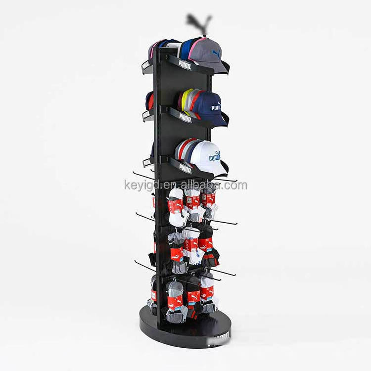 Sports Shop Floor Standing Metal Tower Stand Double Sided Hat And Socks Display Rack With Hat Holder