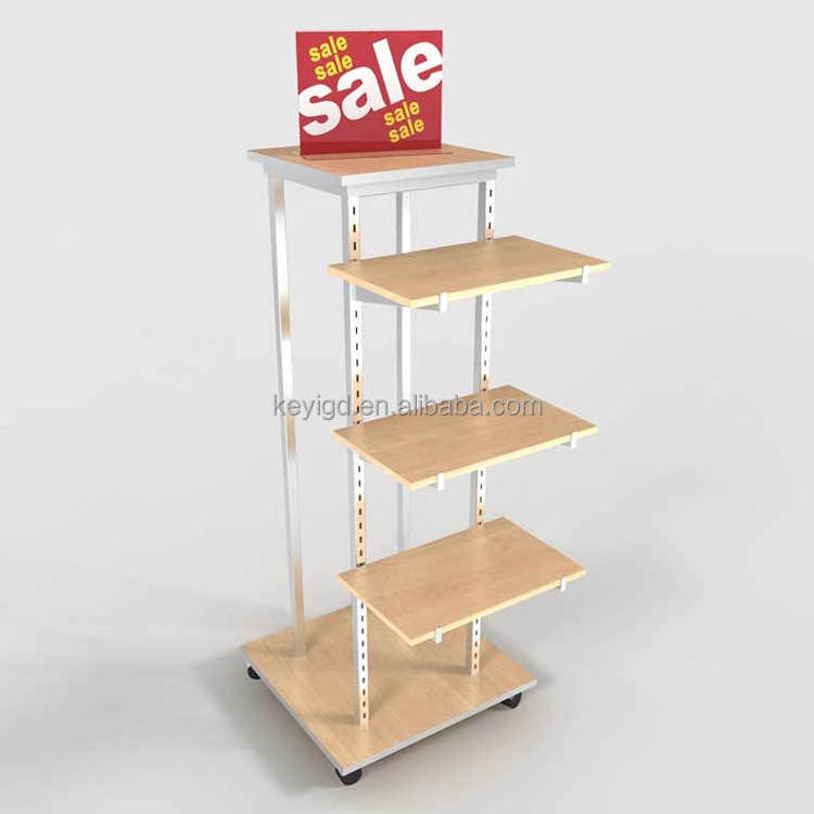 Adjustable Stainless Steel Frame And Wood Slatwall Shelf Floor Standing Clothing Display Rack With Wheel