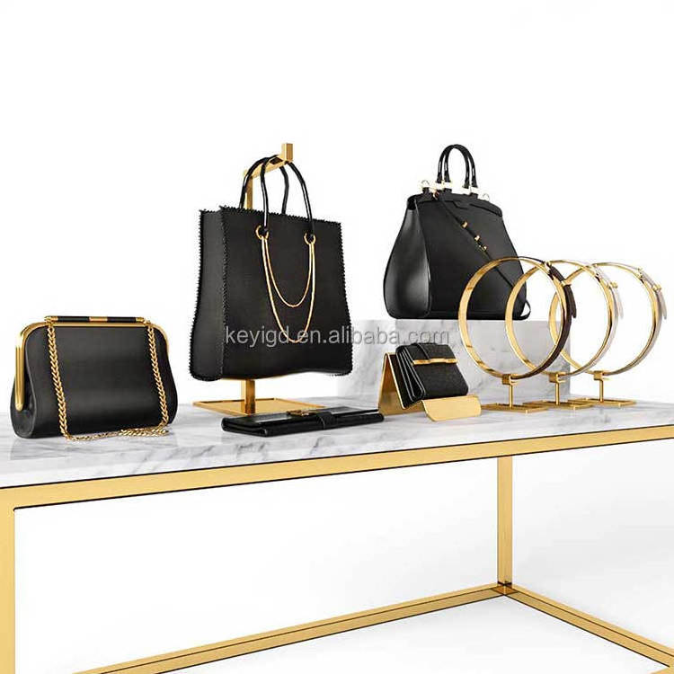 Clothing Store Furniture Display Table Floor Stand Gold Metal Boutique Display Rack For Bag Handbag Purse