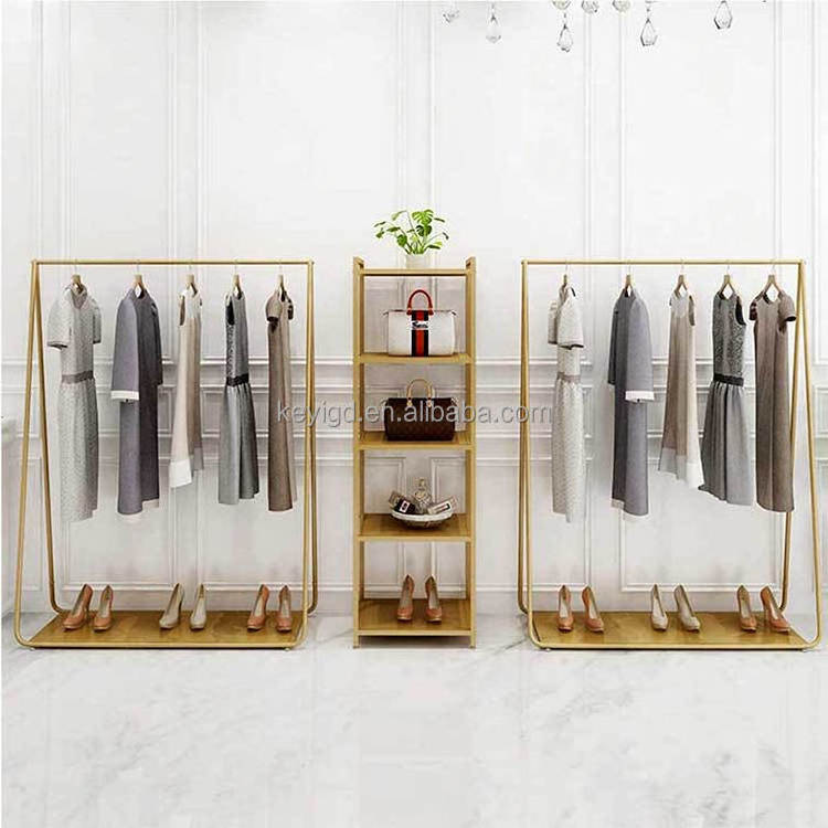 Gold Clothing Rack For Boutique Stainless Steel Rail Retail Garment Shelves Clothing Store Display Stand Clothes Rack With Wheel