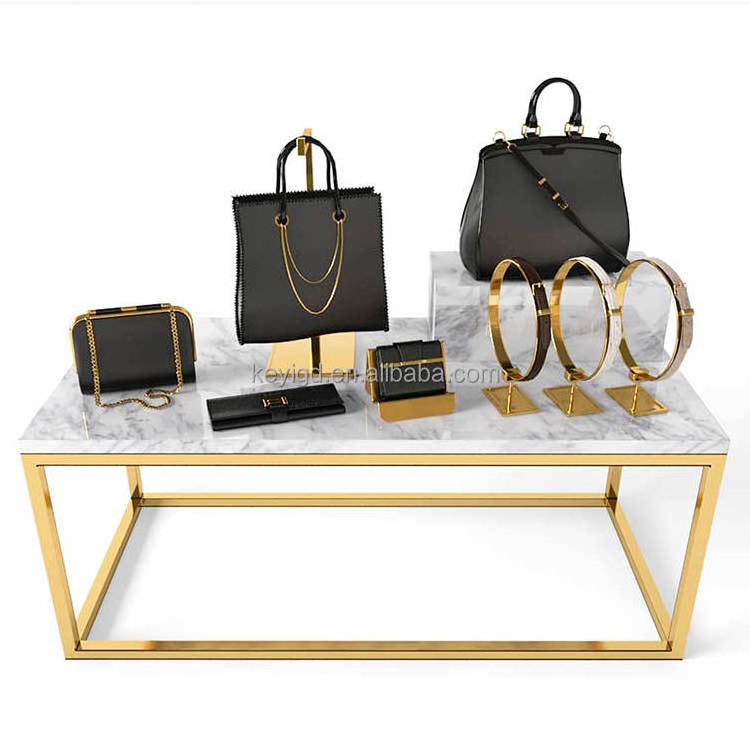 Clothing Store Furniture Display Table Floor Stand Gold Metal Boutique Display Rack For Bag Handbag Purse