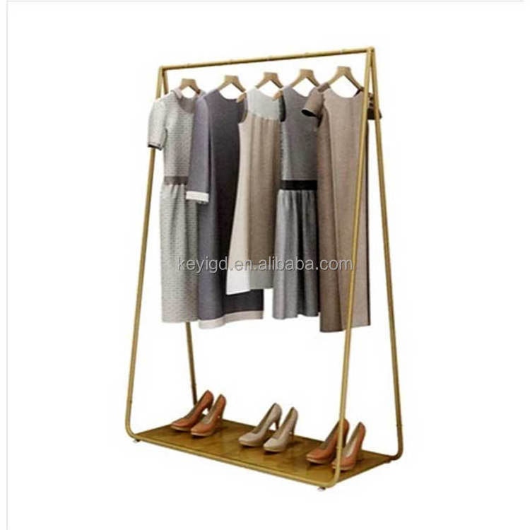 Gold Clothing Rack For Boutique Stainless Steel Rail Retail Garment Shelves Clothing Store Display Stand Clothes Rack With Wheel