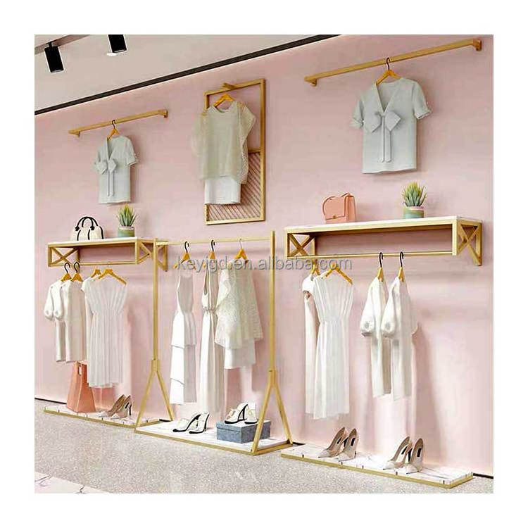 Clothing Store Fixtures Boutique Wall Gold Metal Dress Shelves Hanging Kids Garment Display Rack For Clothes Shop