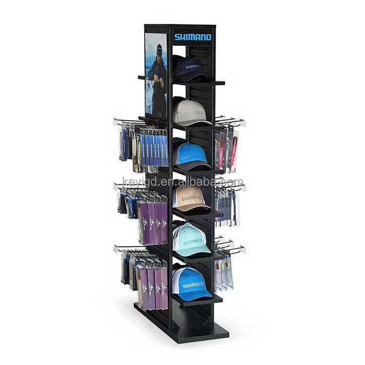 Sports Shop Floor Standing Metal Tower Stand Double Sided Hat And Socks Display Rack With Hat Holder