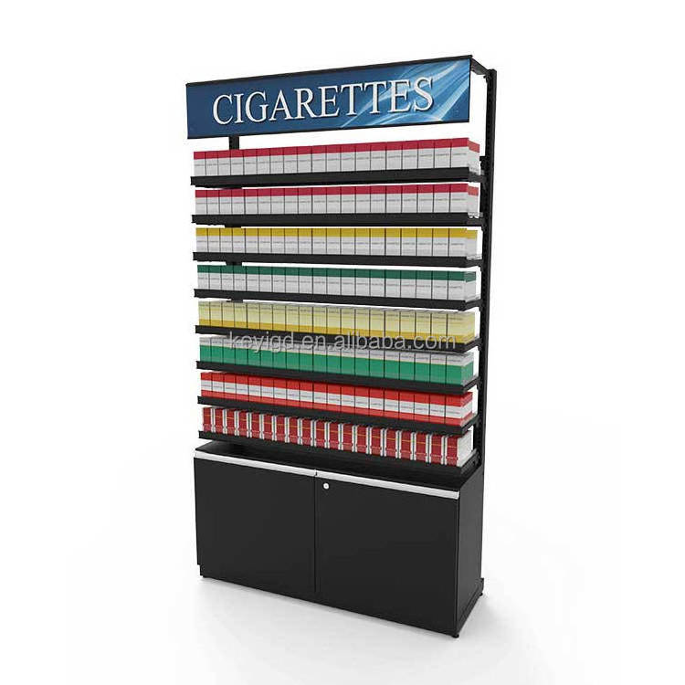 Hot Products Smoke Shop Metal Tobacco Shelves Floor Standing Cigarette Packs Display Rack With Lockable Storage Cabinet