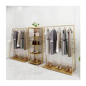 Gold Clothing Rack For Boutique Stainless Steel Rail Retail Garment Shelves Clothing Store Display Stand Clothes Rack With Wheel