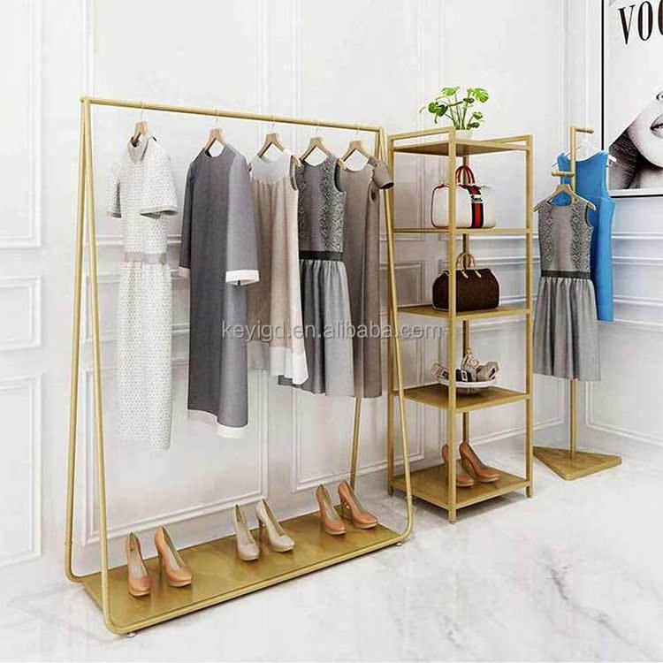 Gold Clothing Rack For Boutique Stainless Steel Rail Retail Garment Shelves Clothing Store Display Stand Clothes Rack With Wheel