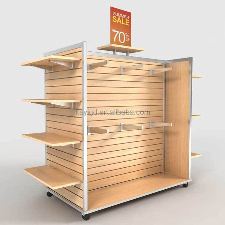 Adjustable Stainless Steel Frame And Wood Slatwall Shelf Floor Standing Clothing Display Rack With Wheel