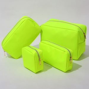 Keymay stock New candy color nylon pouch cosmetic bag custom Neon Green make up bag Embroidery patches bag