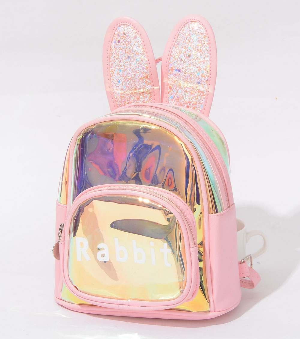 Stock Holographic Rabbit Lovely For Little Girls 3-12 Old Preschool Kindergarten School bag PU Pink Clear Small Kids Backpack