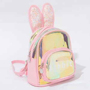 Stock Holographic Rabbit Lovely For Little Girls 3-12 Old Preschool Kindergarten School bag PU Pink Clear Small Kids Backpack