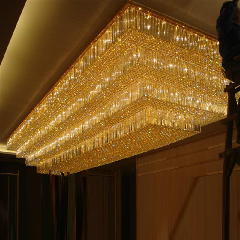 Custom modern hotel crystal gold large flush mount chandelier square ceiling light