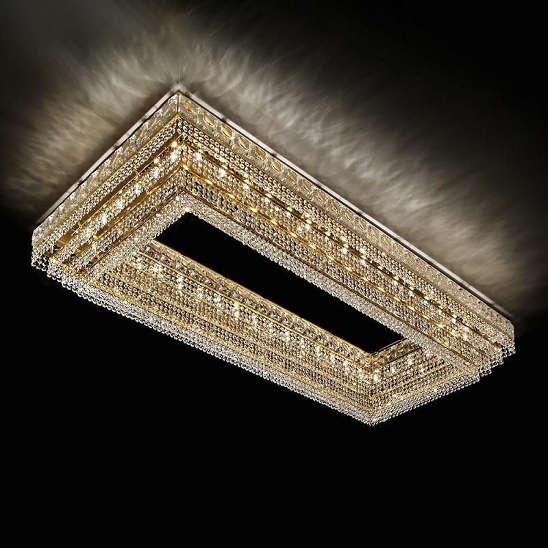 Custom modern hotel crystal gold large flush mount chandelier square ceiling light