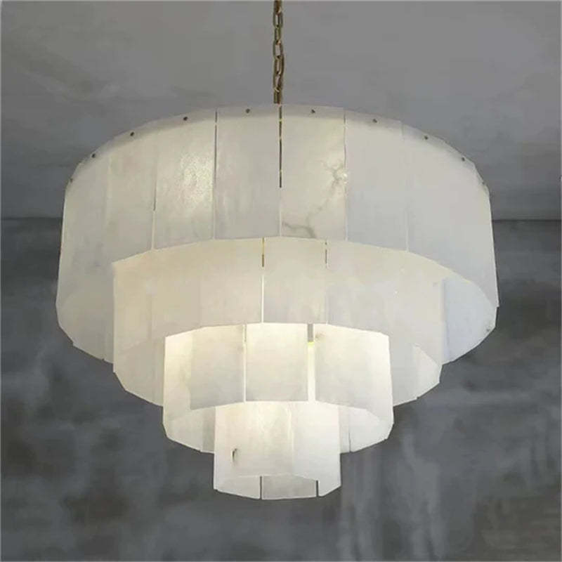 Contemporary Light Living Room Hanging Lamp High Ceilings Classic Alabaster Multi-layer Round Chandelier