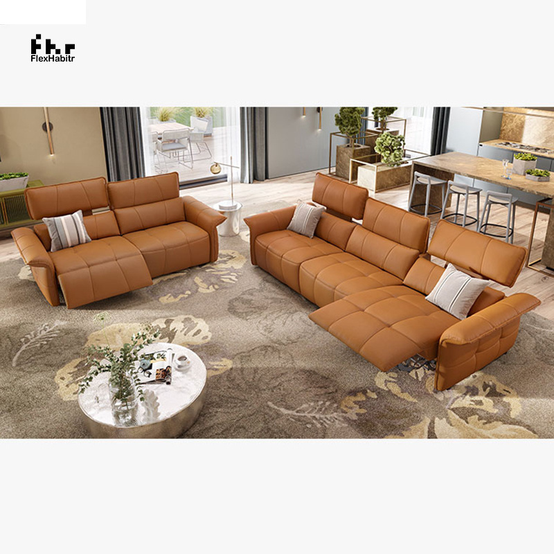 Electric Automatic Recliner Genuine Leather Sofa for Home Cinema Recliner Sofa Set Hot Sales High-grade Orange 4 3 2 1 Wood