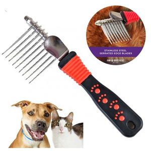 Pet Dematting Fur Rake Comb Brush Tool - Dog and Cat Comb for Detangling Matted or Knotted Undercoat Hair Dog Grooming Brush