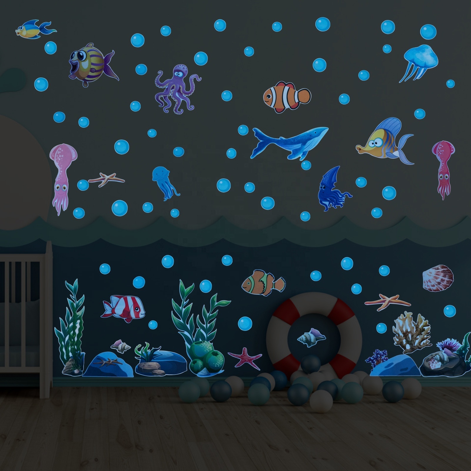 Blue Underwater World Luminous Sticker Color Love Pattern Wall Sticker Removable Art Mural Party Decal