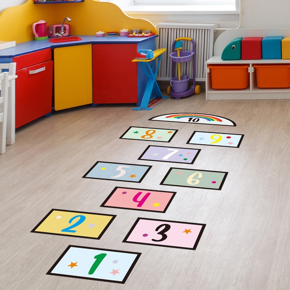 Kids Children Wall Stickers Cartoon Number Hopscotch Jump Plaid Digital Grid Game Floor Sticker for Kindergarten Home Decoration